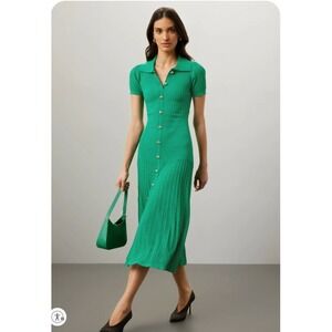 Sandro Lorel Ribbed Midi Dress Short-Sleeve Pointelle Green Size 36/4 *READ FLAW